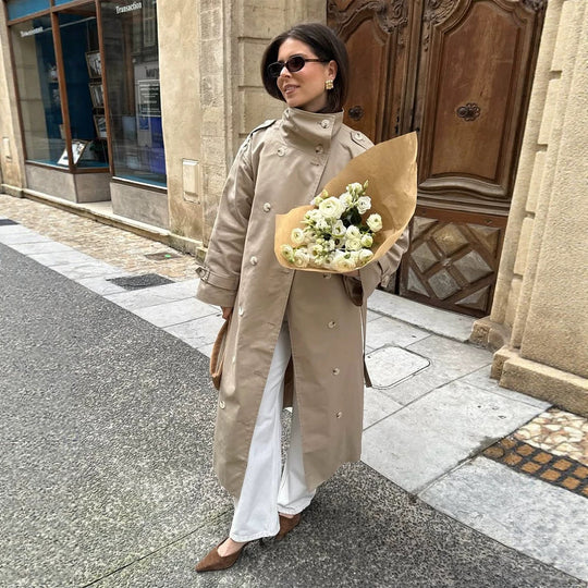 Damen Maxi-Trenchcoat mit hohem Stehkragen, doppelreihiger Knopfleiste & Taillengürtel Nord Taschen