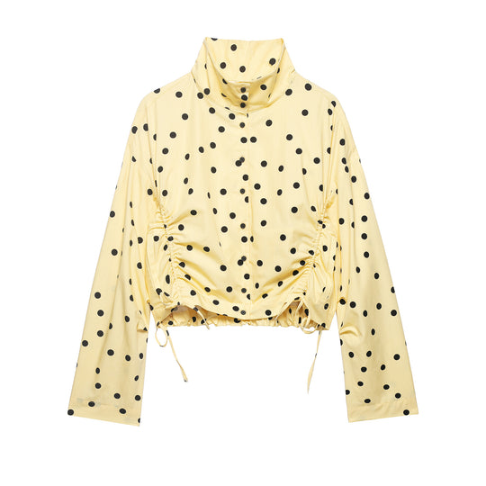 Damen Gepunktete Cropped Blousonjacke mit Stehkragen und Tunnelzug Nord Taschen