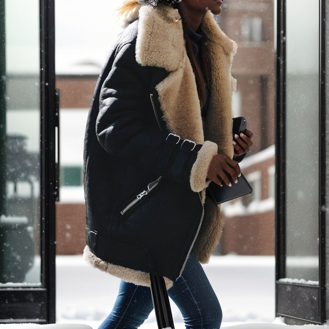 Damen Kurze Fliegerjacke mit Teddyfutter, weichem Lammfellkragen und Reißverschluss Nord Taschen