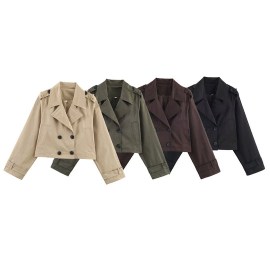 Damen Kurzgeschnittene Trenchjacke im Boxy‑Schnitt mit Doppelreiher und Schulterriegeln Nord Taschen