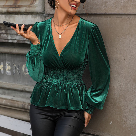 Damen Samtbluse mit V-Ausschnitt, geraffter Smock-Taille und Peplum Nord Taschen