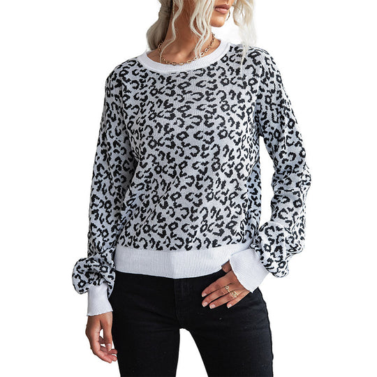 Damen Leichter Strukturstrick-Pullover mit Leoparden-Jacquard und geripptem Rundhalsausschnitt Nord Taschen
