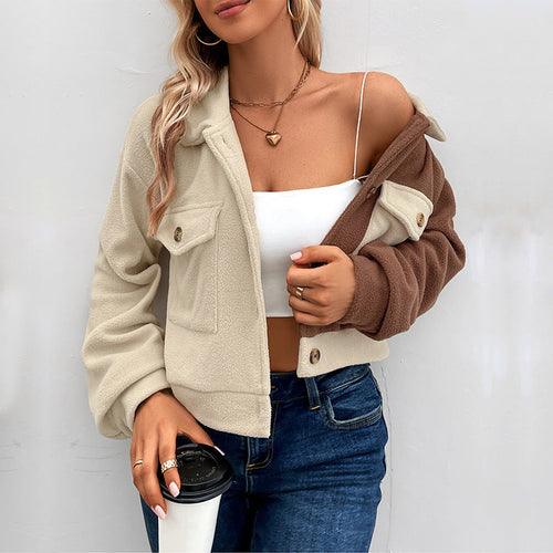 Damen Kurzjacke aus Teddy-Fleece mit Colorblock-Design & Pattentaschen Nord Taschen
