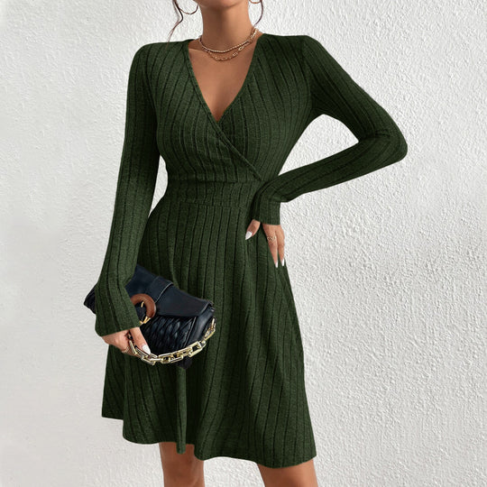 Damen figurschmeichelndes geripptes Wickel-Strickkleid mit tailliertem Bund und ausgestelltem Rock Nord Taschen