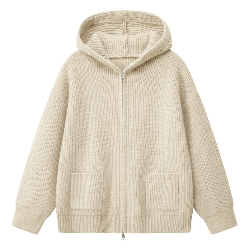 Damen Kuschelige Oversize-Rippstrick-Kapuzenjacke mit Zwei-Wege-Reißverschluss & aufgesetzten Taschen Nord Taschen