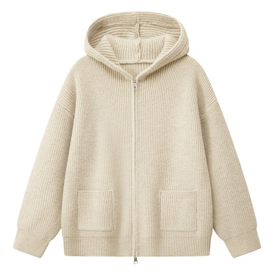 Damen Kuschelige Oversize-Rippstrick-Kapuzenjacke mit Zwei-Wege-Reißverschluss & aufgesetzten Taschen Nord Taschen