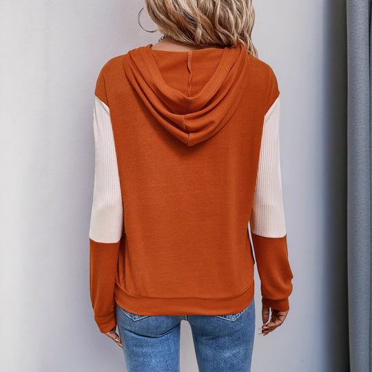Damen Lässiger Kapuzenpullover mit V‑Kragen, Kontrastärmeln und Rippbündchen Nord Taschen
