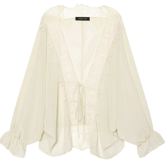 Damen Transparenter Chiffonkimono mit Spitzenbesatz und Volumenärmeln Nord Taschen