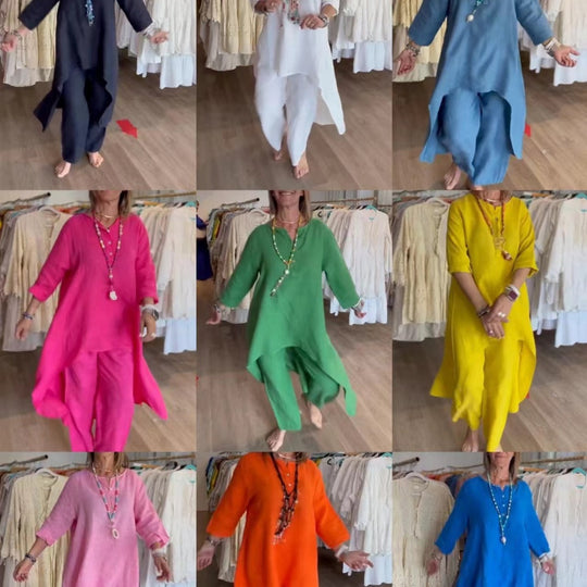 Damen Midilanges Leinen-Tunika-Set mit asymmetrischem Saum und weiter Palazzo-Hose Nord Taschen
