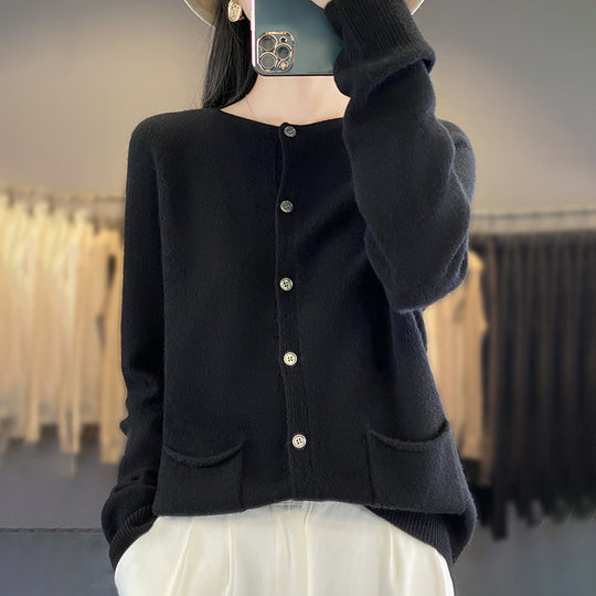 Damen Langer Feinstrick-Cardigan mit Rundhalsausschnitt, Eingrifftaschen und Alpaka-Mix Nord Taschen