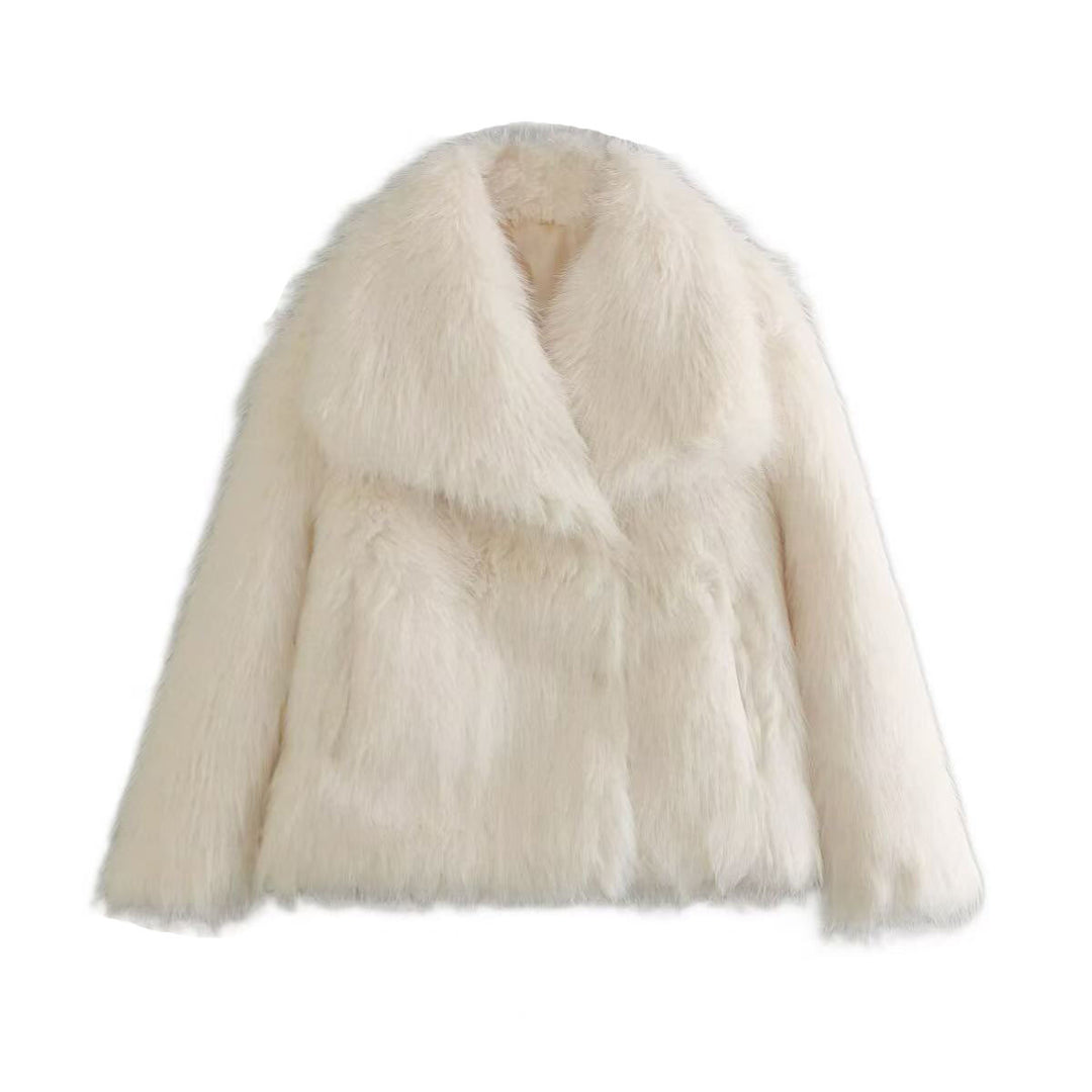 Damen Kurze Kunstfell-Jacke mit breitem Schalkragen Nord Taschen