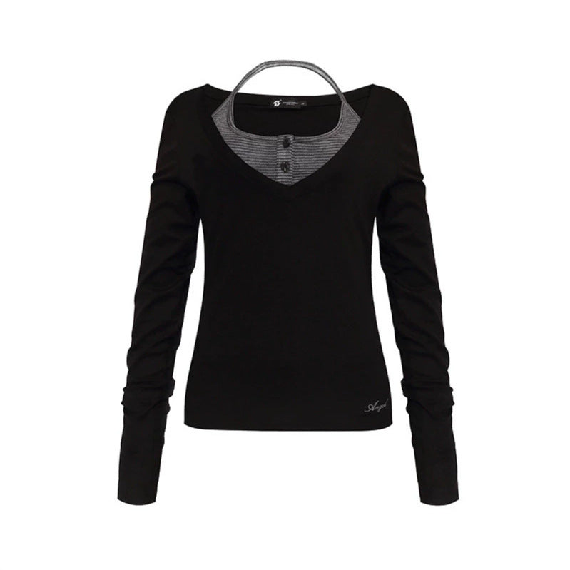 Damen Langarm-Shirt mit doppeltem Layer‑Effekt, tiefem V‑Ausschnitt und gestreiftem Einsatz Nord Taschen