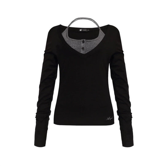 Damen Langarm-Shirt mit doppeltem Layer‑Effekt, tiefem V‑Ausschnitt und gestreiftem Einsatz Nord Taschen