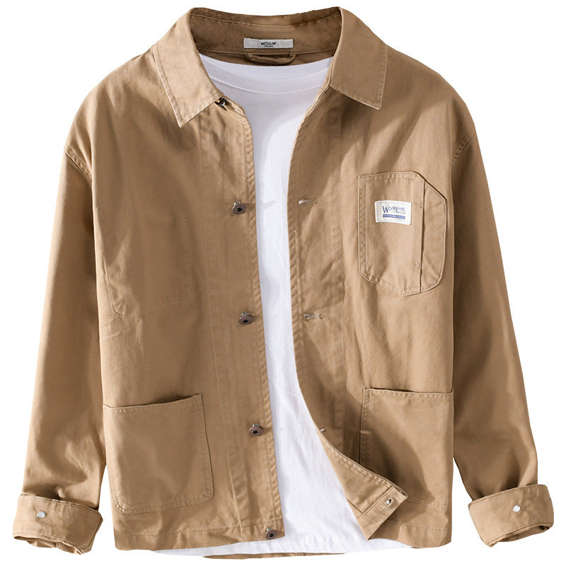 Herren Leichte Baumwoll-Chorejacke im Worker‑Stil mit Kentkragen und aufgesetzten Taschen Nord Taschen