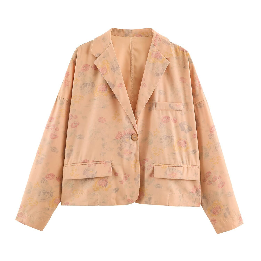 Damen Boxy-Blazerjacke mit floraler Seidenoptik, Ein-Knopf-Verschluss und Pattentaschen Nord Taschen