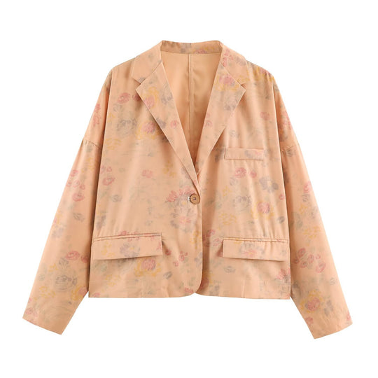 Damen Boxy-Blazerjacke mit floraler Seidenoptik, Ein-Knopf-Verschluss und Pattentaschen Nord Taschen