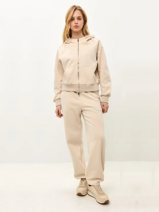 Damen entspanntes Fleece-Zweiteiler Set mit Raglan-Kapuzenjacke, durchgehendem Reißverschluss und gerader Relax-Jogginghose Nord Taschen