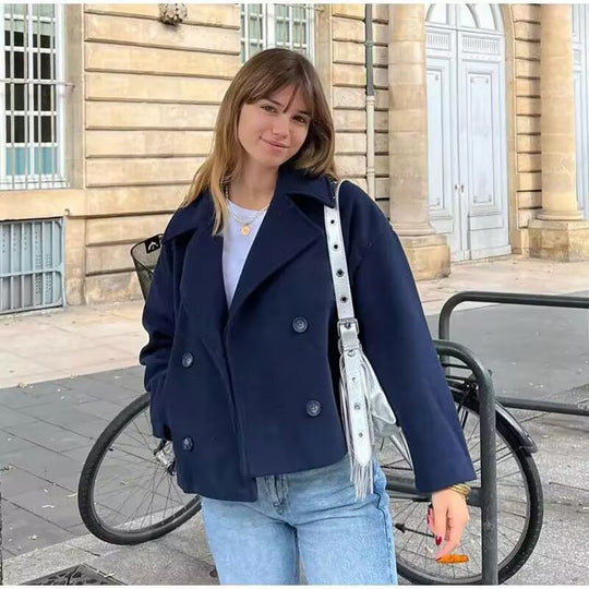Damen Kurzer Zweireihiger Boxy-Peacoat aus Wollmix mit weitem Revers Nord Taschen