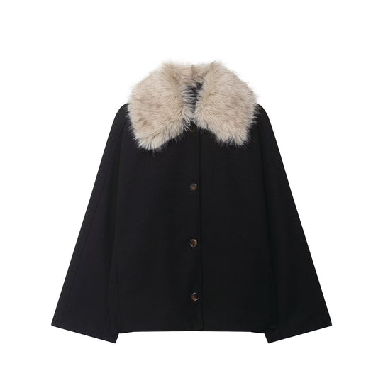 Damen Woll-Cape mit abnehmbarem Kunstfellkragen und verdeckter Knopfleiste Nord Taschen