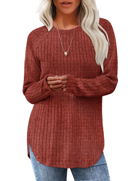 Damen gerippter Strickpullover mit Rundhalsausschnitt Oversize-Passform und Seitenschlitzen Nord Taschen