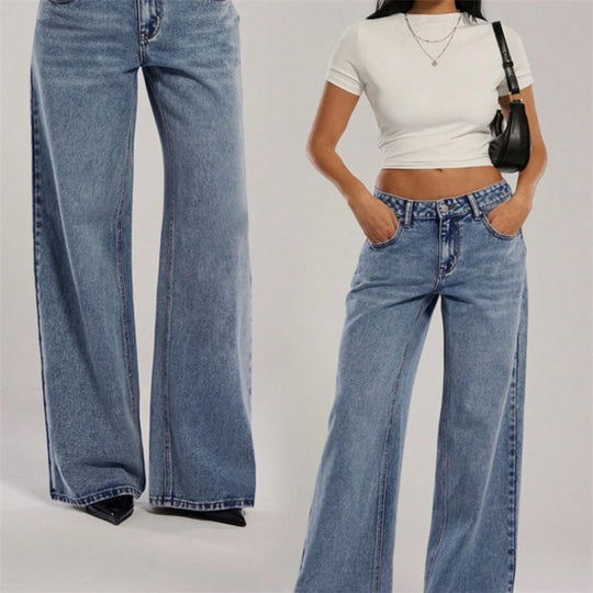 Damen Hochtaillierte Denimhose mit extraweiter Beinform und cleaner Vintage‑Waschung Nord Taschen