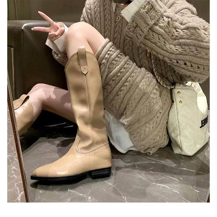 Damen Kniehohe Western‑Stiefel aus Glattleder mit spitzer Kappe und niedrigem Blockabsatz Nord Taschen