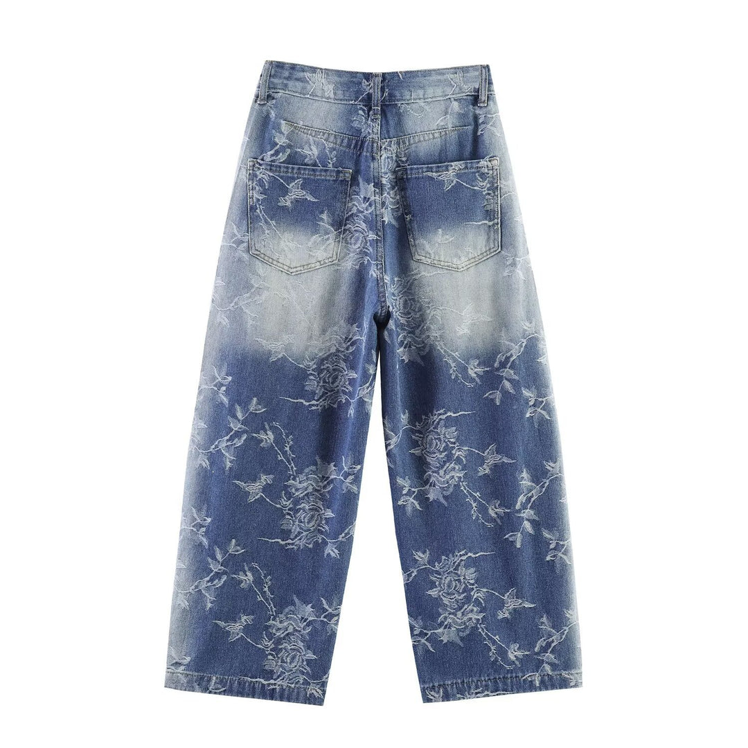 Damen Highwaist Culotte-Jeans mit weitem Bein und floraler Bleach-Optik Nord Taschen