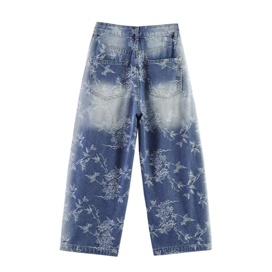 Damen Highwaist Culotte-Jeans mit weitem Bein und floraler Bleach-Optik Nord Taschen