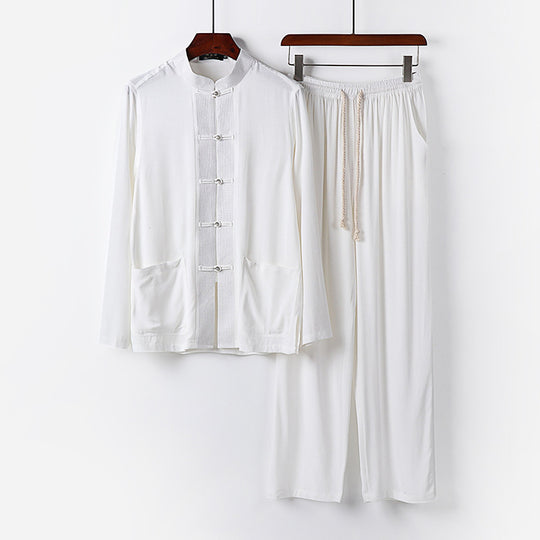 Herren Traditionelles Baumwoll-Loungewear-Set mit Stehkragen Knotenknöpfen und Kordelbundhose Nord Taschen