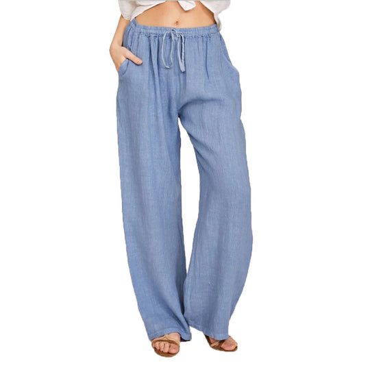 Damen Sommerliche Leinen-Palazzohose mit elastischem Bund, Seitentaschen und weitem Bein Nord Taschen