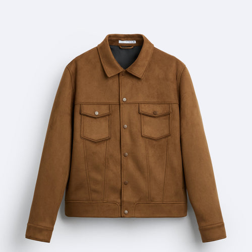 Herren Kurz geschnittene Wildleder-Workerjacke mit Pattentaschen und Druckknopfverschluss Nord Taschen