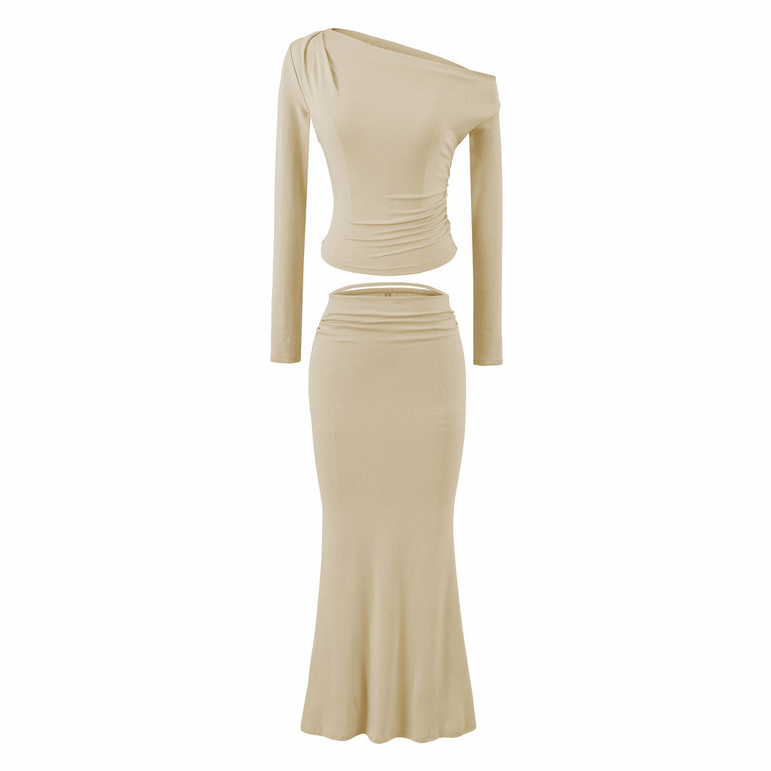 Damen Einschultriges zweiteiliges Set mit gerafftem Crop-Top und tailliertem Maxirock Nord Taschen