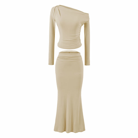 Damen Einschultriges zweiteiliges Set mit gerafftem Crop-Top und tailliertem Maxirock Nord Taschen