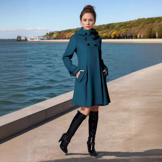 Damen Taillierter Wollmix-Mantel mit hohem Stehkragen und A-Linien-Silhouette Nord Taschen