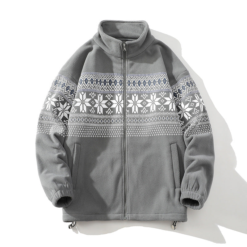 Unisex Norwegermuster-Fleecejacke mit Stehkragen, durchgehendem Reißverschluss und Kordelzug Nord Taschen