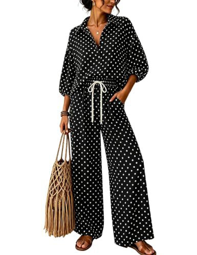 Damen Gepunktetes Zweiteiliges Lounge-Set mit Hemdblusen-Oberteil und Kordelzug-Weitbundhose Nord Taschen
