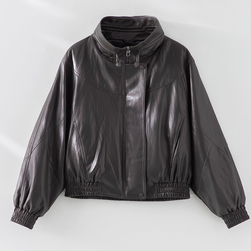 Damen Oversized Lederimitat-Bomberjacke mit Stehkragen und elastischem Saum Nord Taschen