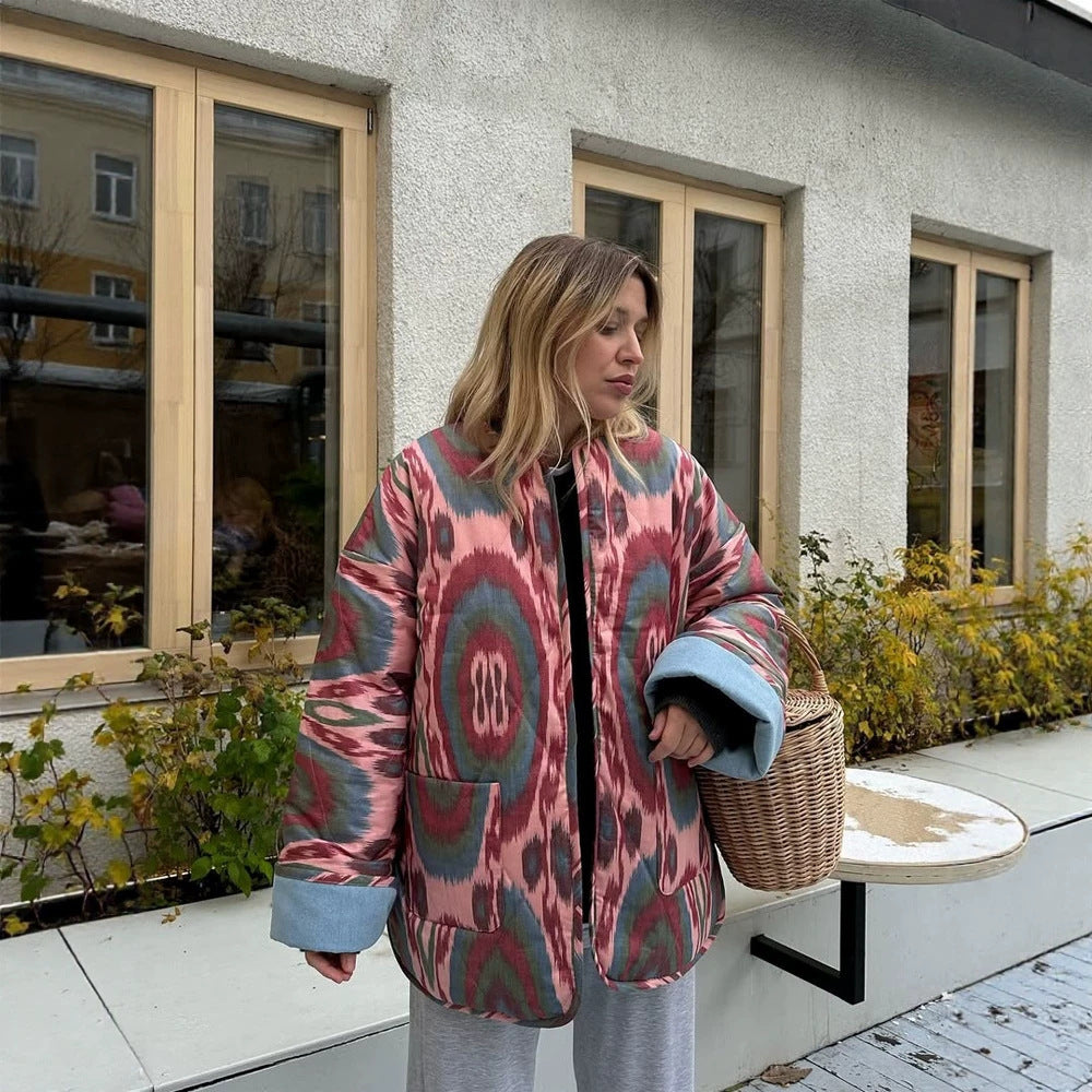 Damen Stepp-Kimonojacke mit Ikat-Print, Oversize‑Schnitt und kontrastierenden Bündchen Nord Taschen