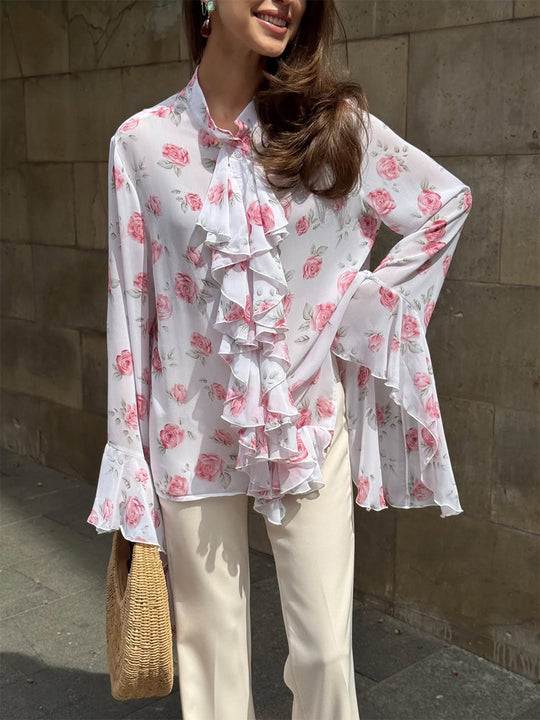 Damen Chiffon-Bluse mit Rosendruck, Volantstufen und Glockenärmeln Nord Taschen