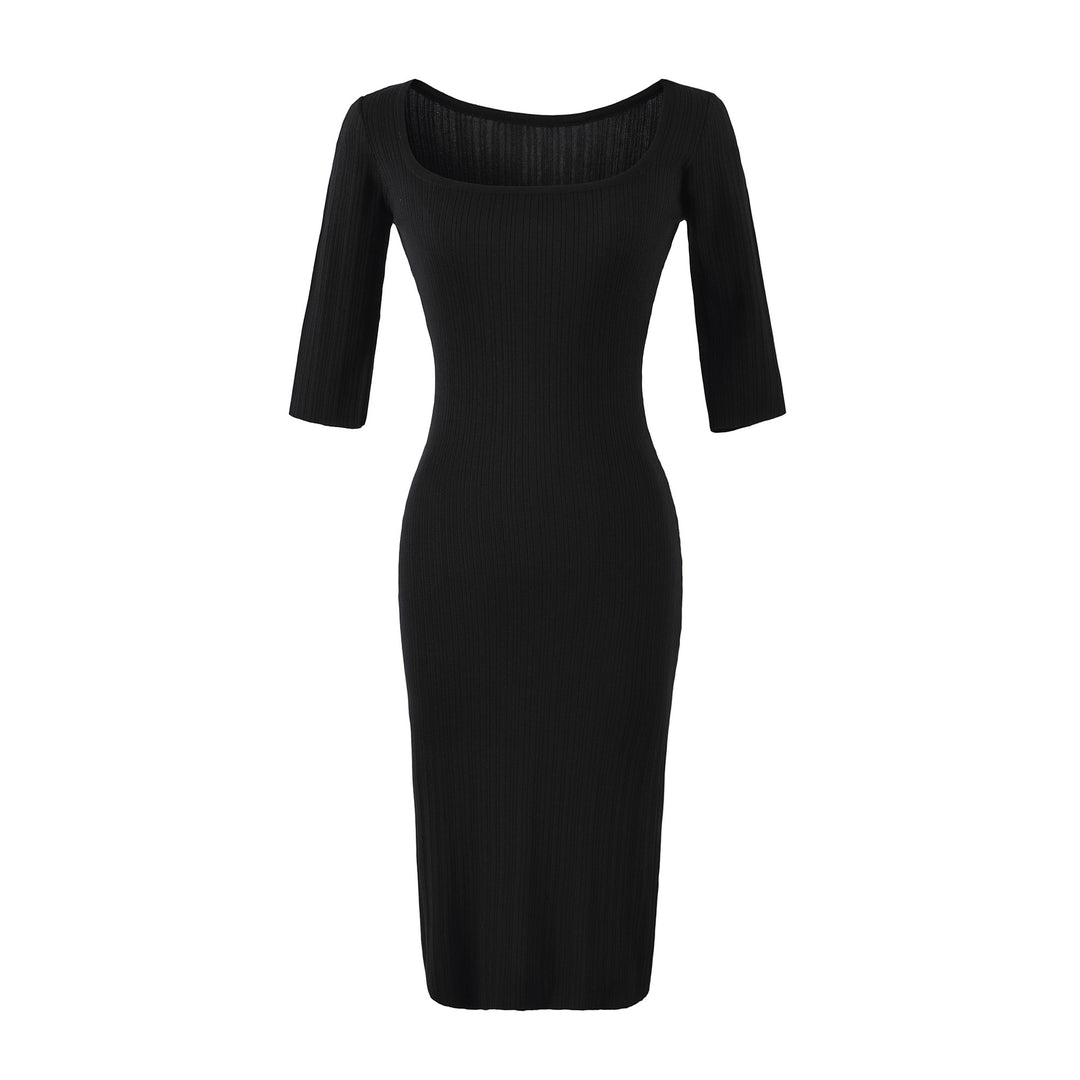 Damen Geripptes Midikleid mit quadratischem Ausschnitt und dreiviertelärmeln Nord Taschen