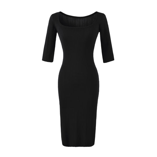 Damen Geripptes Midikleid mit quadratischem Ausschnitt und dreiviertelärmeln Nord Taschen