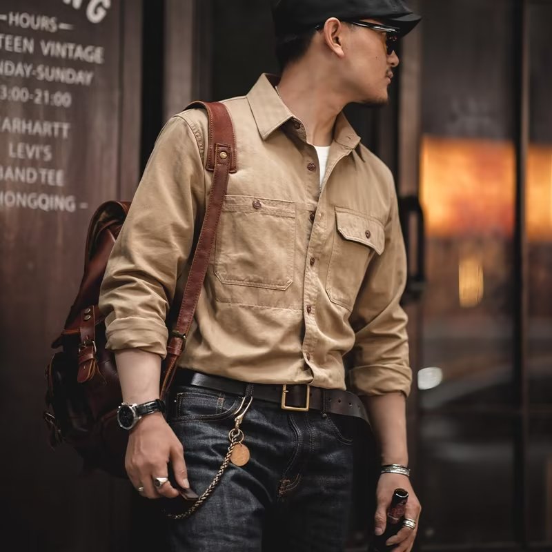 Herren Baumwoll‑Twill‑Worker‑Hemd mit Pattentaschen und kastiger Passform Nord Taschen