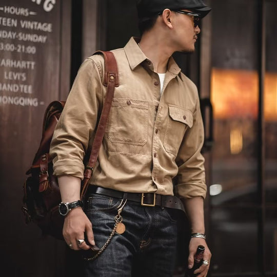 Herren Baumwoll‑Twill‑Worker‑Hemd mit Pattentaschen und kastiger Passform Nord Taschen