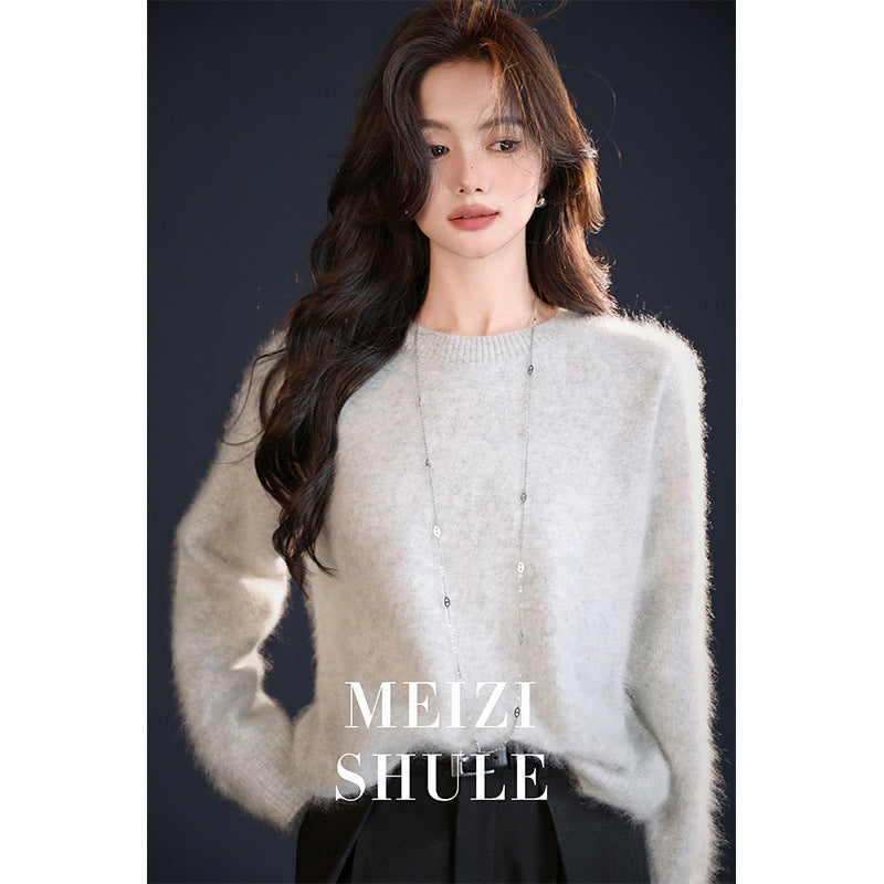Damen Flauschiger Mohair-Optik Strickpullover mit Rundhalsausschnitt Nord Taschen