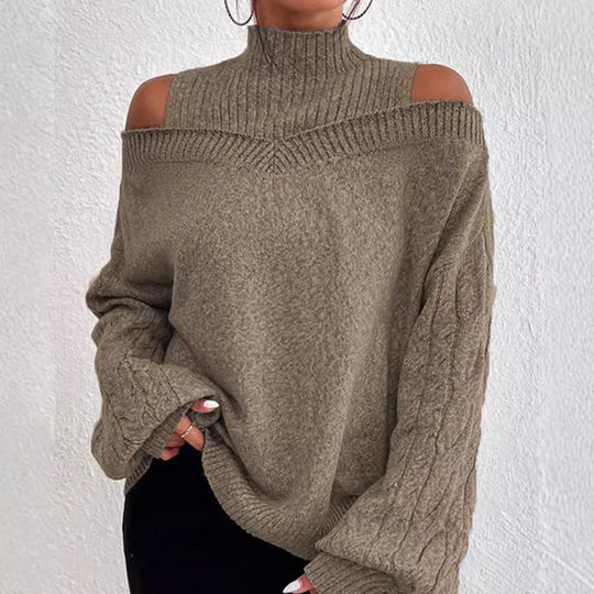 Damen Schulterfreier Oversize-Strickpullover mit Stehkragen Drune