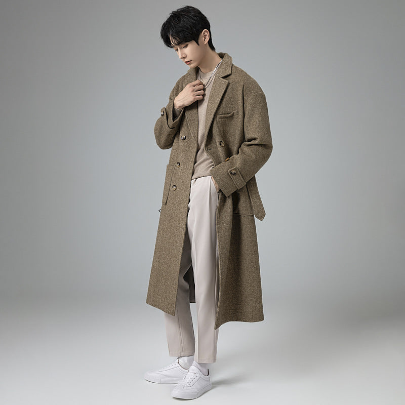 Herren Maxilanger Wollmix-Mantel im Tweed-Look mit Oversize-Schnitt, Doppelreihe und Bindegürtel Nord Taschen