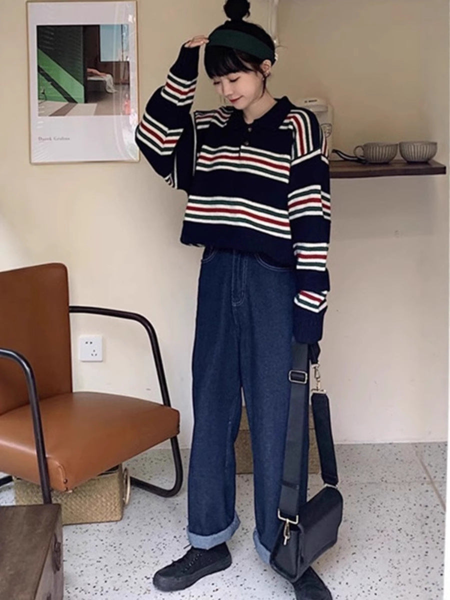 Damen Oversize Polokragen-Strickpullover mit maritimen Blockstreifen und kastiger Cropped-Silhouette Nord Taschen