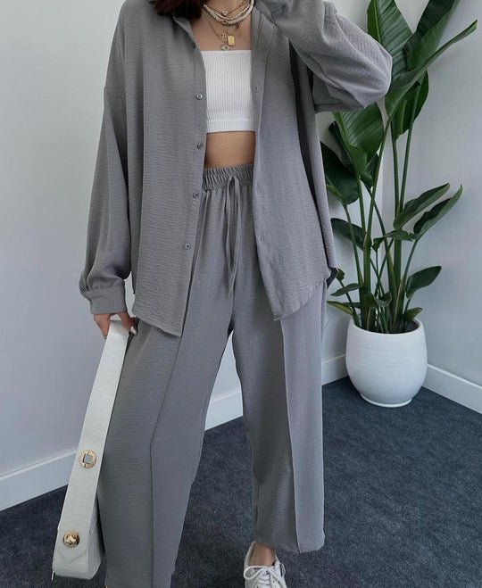 Damen Lässiges zweiteiliges Lounge-Set aus Crêpe mit Oversize-Hemd und hohem Elastikbund Nord Taschen