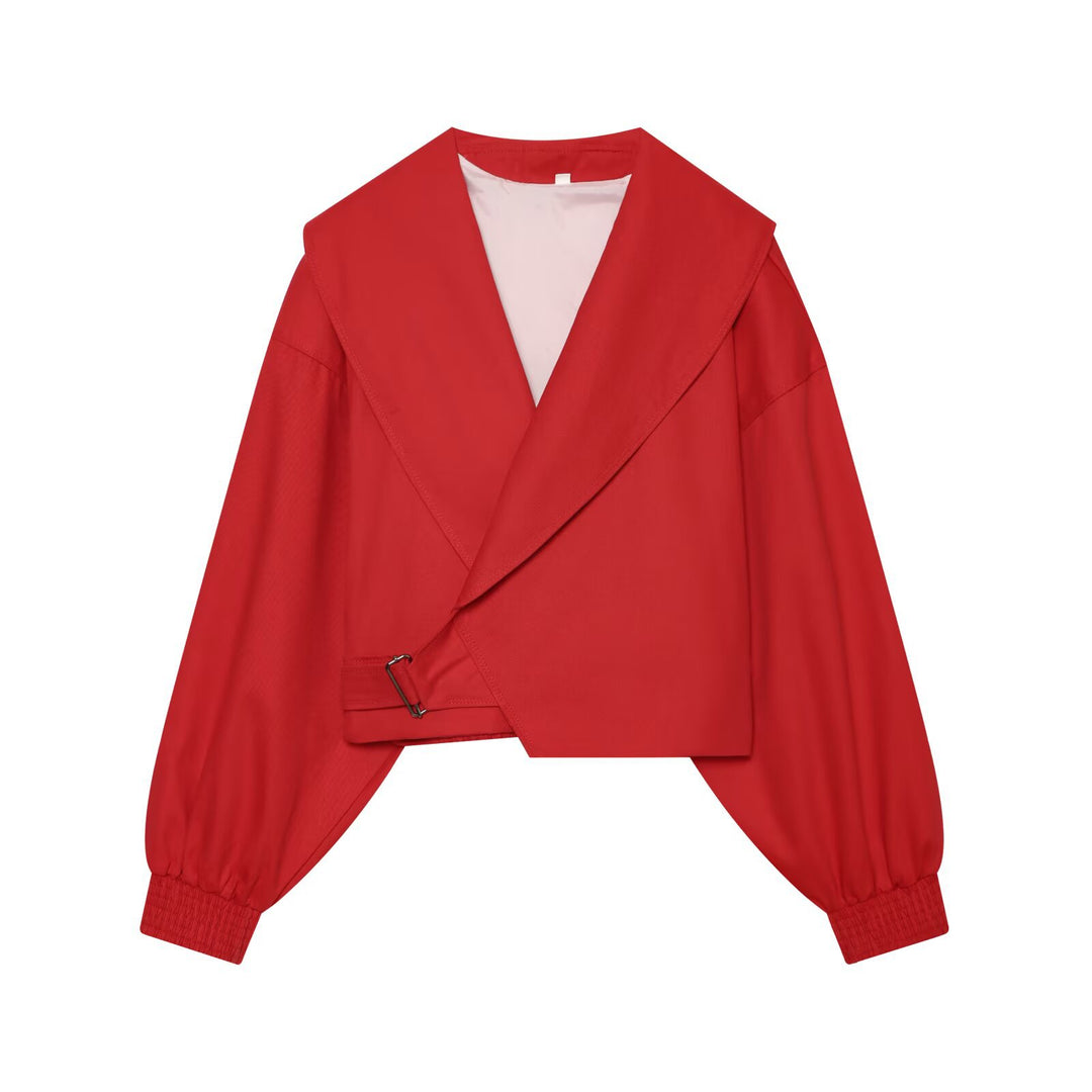 Damen Cropped-Manteljacke mit weitem Schalkragen, Taillenriegel und Ballonärmeln Nord Taschen