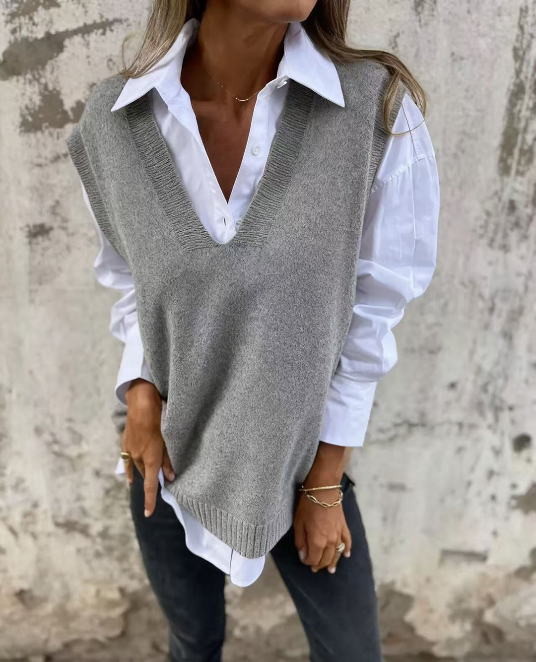 Damen lässiger Strickpullover mit V-Ausschnitt